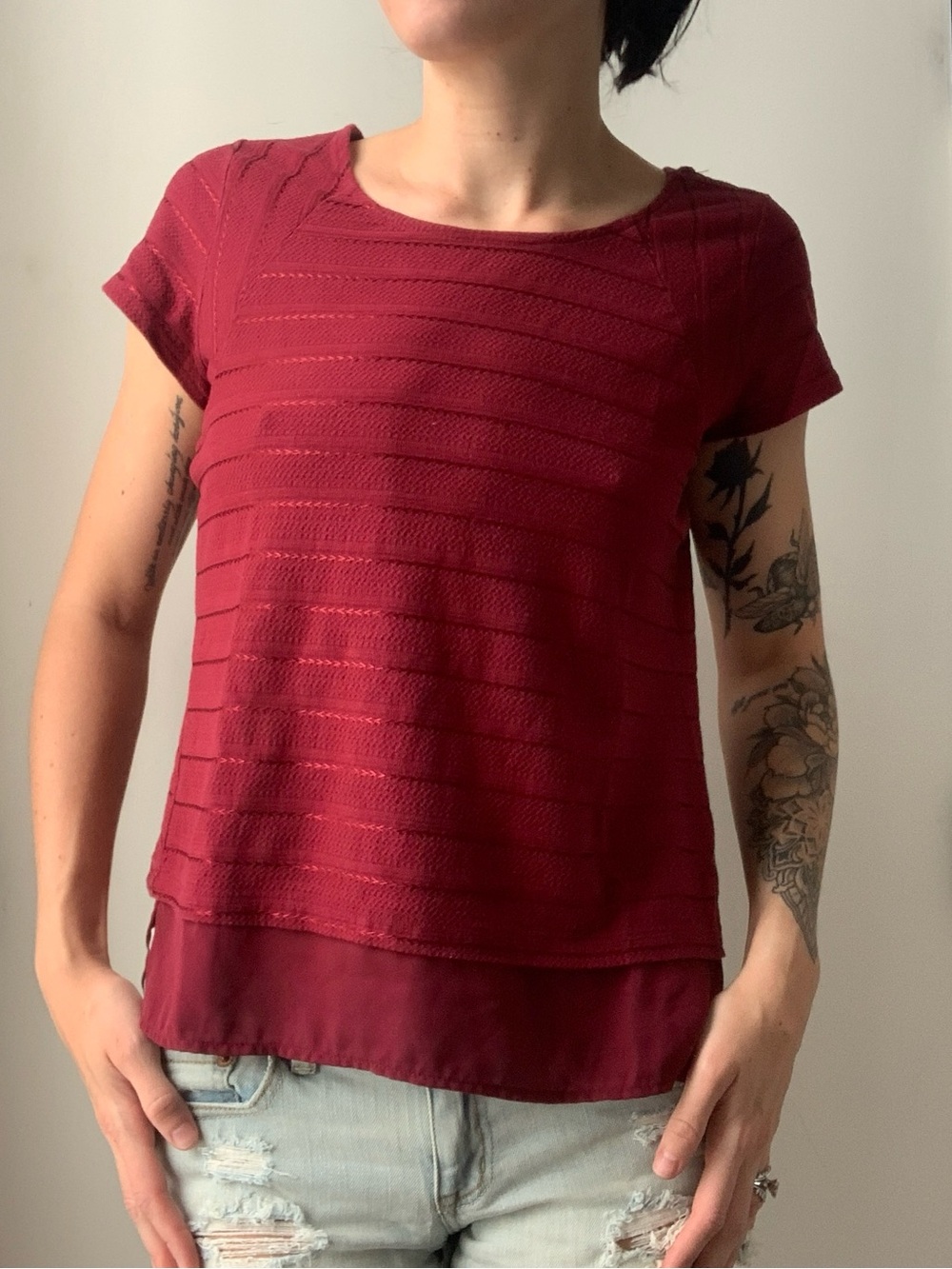 The Limited Burgundy Short Sleeve Layered Knit Tee